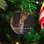 Ornamento De Cerâmica Coração Bonita Font Primeiro Natal como Sr. e Sra.<br><div class="desc">Nosso primeiro Natal como Sr. e Sra.,  recém-casados ornamento de fotos de marco. Uma tipografia moderna com um coração bonito para esta coleção de personagens. Para personalizar com a sua imagem favorita. Você também pode mudar facilmente a cor da fonte para seu gosto.</div>