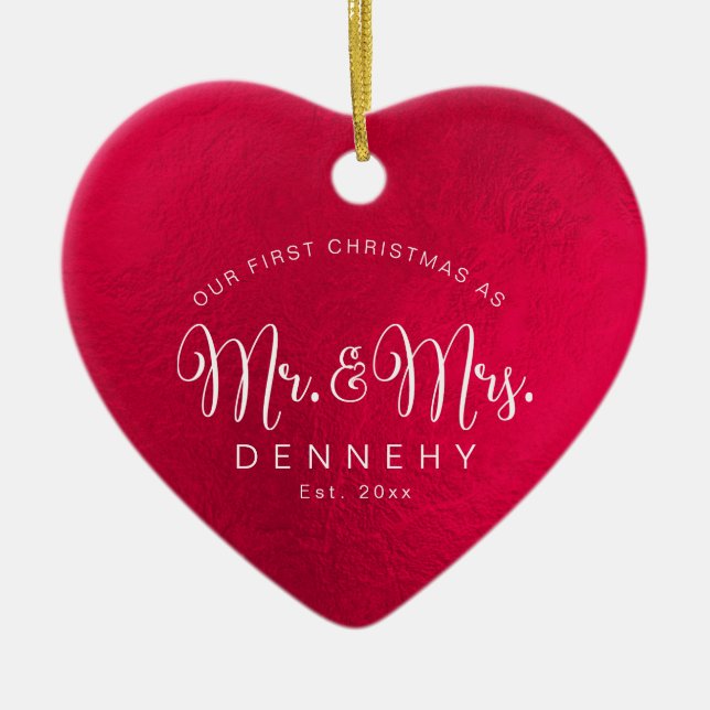 Ornamento De Cerâmica Coração Cerâmico Primeiro Natal, Vermelho Iridesce (Frente)
