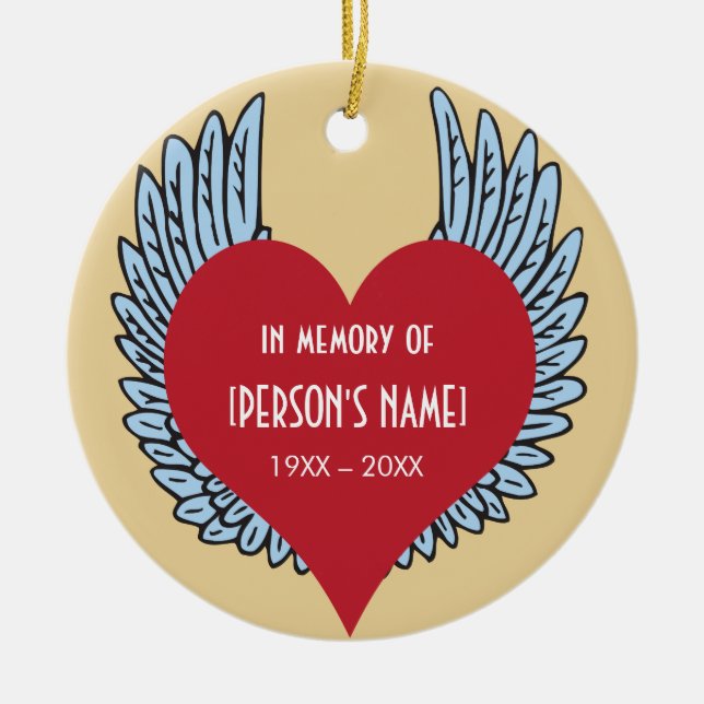 Ornamento De Cerâmica Coração com Asas em Memória de (Frente)