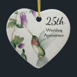 Ornamento De Cerâmica Coração da Flor de Aves Bonito do 25<br><div class="desc">Celebre um aniversário especial de casamento de 25 com um ornamento personalizado de coração. O bonito beija-flor e design de flores foi criado da minha pintura original de aquarela em tons pastéis de rosa,  creme,  cinza e verde. Prazer neste adorno festivo de férias e respeito romântico.</div>