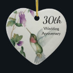 Ornamento De Cerâmica Coração das Flores de Aves Bonito do 30<br><div class="desc">Celebre um aniversário especial de casamento de 30 com um ornamento personalizado de coração. O bonito beija-flor e design de flores foi criado da minha pintura original de aquarela em tons pastéis de rosa,  creme,  cinza e verde. Prazer neste adorno festivo de férias e respeito romântico.</div>