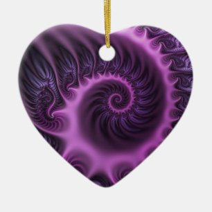 Ornamento De Cerâmica Coração de Arte Fractal Abstrato Rosa Púrpura, vív