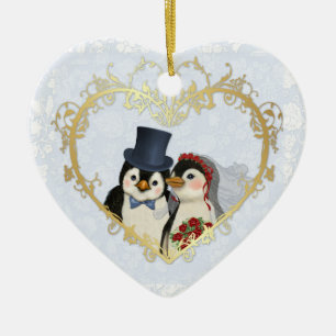 Ornamento De Cerâmica Coração de Casamento de Pinguins - Personalizar te