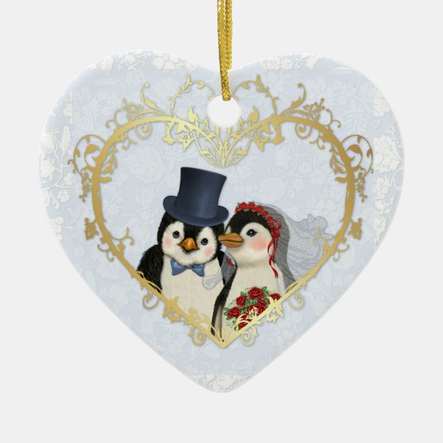 Ornamento De Cerâmica Coração de Casamento de Pinguins - Personalizar te (Frente)