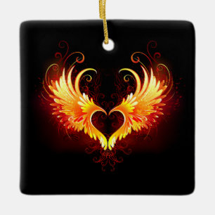 Ornamento De Cerâmica Coração de Fogo Angelical com Asas