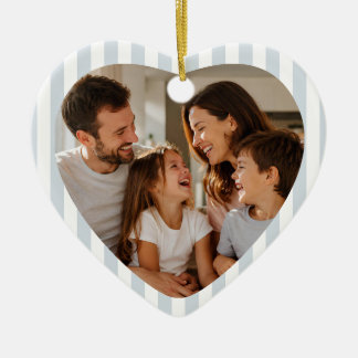 Ornamento De Cerâmica Coração de Foto de Família Listrado Azul Preppy Pe