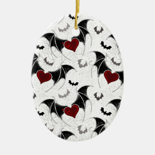 Ornamento De Cerâmica Coração de Halloween com asas de morcego pretas