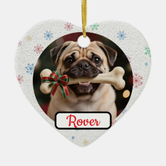 Ornamento De Cerâmica Coração de Natal de Cachorro e Osso Personalizável