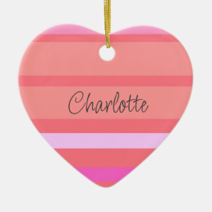 Ornamento De Cerâmica Coração de Stripes Rosa Personalizadas