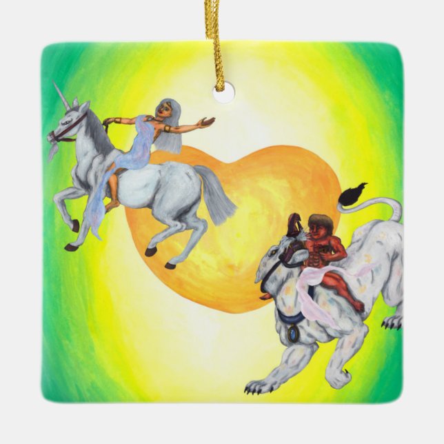 Ornamento De Cerâmica Coração Deus cavalgando Lioness Deusa montando um  (Frente)