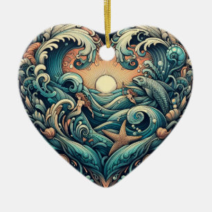 Ornamento De Cerâmica Coração do Mar: Sereia e Peixe