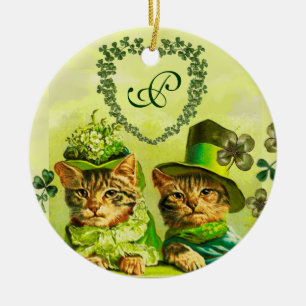 ORNAMENTO DE CERÂMICA CORAÇÃO DOS GATOS DO DIA DE ST PATRICK VELHO