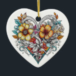 Ornamento De Cerâmica Coração Floral Personalizado com Mensagem Sentimen<br><div class="desc">Bonito arte do coração floral ai. Tatuagem estilo arte com uma mensagem sentimental personalizada no verso.</div>