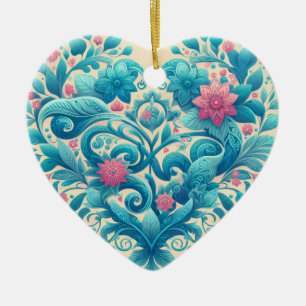 Ornamento De Cerâmica Coração Floral Rosa e Teal