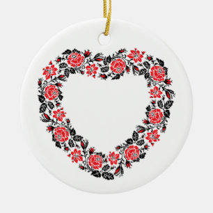 Ornamento De Cerâmica Coração original de flores rosas vermelhas cruze