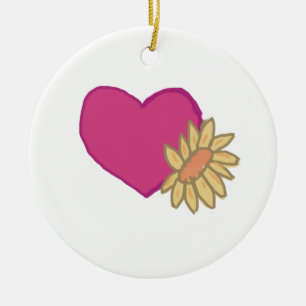 Ornamento De Cerâmica Coração rosa com girassol amarelo