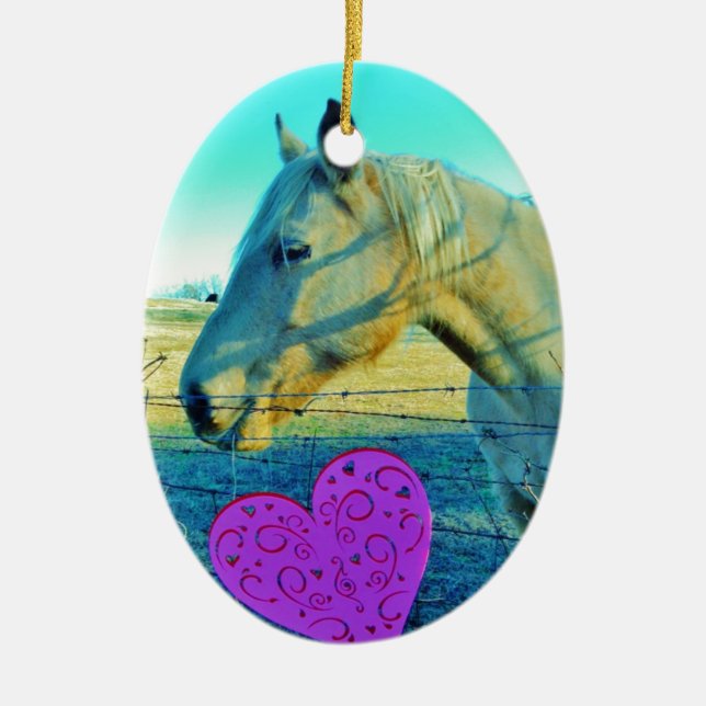 Ornamento De Cerâmica Coração Rosa e Cavalo Amarelo (Frente)