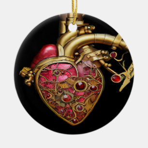 Ornamento De Cerâmica Coração Steampunk Rubis e Engrenagens Anatômicas