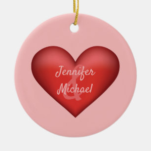 Ornamento De Cerâmica Coração Vermelho Com Nomes Personalizados De Um Ca