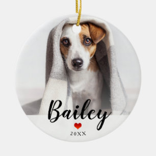 Ornamento De Cerâmica Coração vermelho doce do Woof com cães foto e