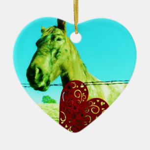 Ornamento De Cerâmica Coração Vermelho e Cavalo