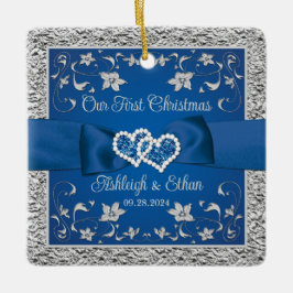 Ornamento De Cerâmica Corações Azuis e Cinzas Casamento Primeiro Natal