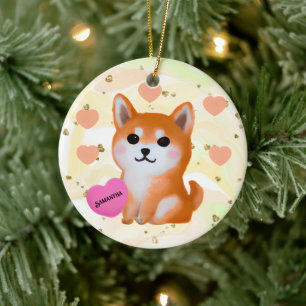 Ornamento De Cerâmica Corações Cute Shiba Inu   Para O Cão Lover