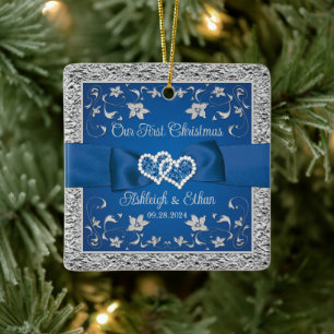 Ornamento De Cerâmica Corações de Amor Azul e Cinza Casamento 1º Natal