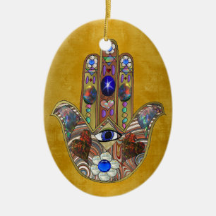 Ornamento De Cerâmica Corações Hamsa Flores Opala Arte em Ouro