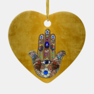 Ornamento De Cerâmica Corações Hamsa Flores Opala Arte em Ouro