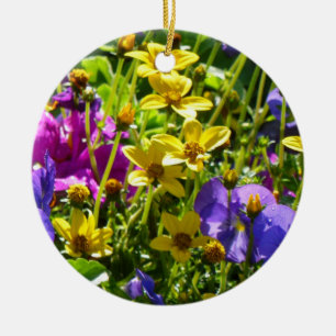 Ornamento De Cerâmica Coreopse Amarela e Violas Roxos - Coração Colori
