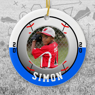 Ornamento De Cerâmica Cores da Equipe Branca Azul de Baseball