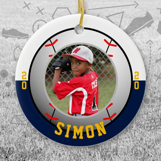Ornamento De Cerâmica Cores da Equipe Branco Naval de Beisebol (Navy and White Baseball Let's Go Team Ornament. Celebrate your high school or college athlete.)