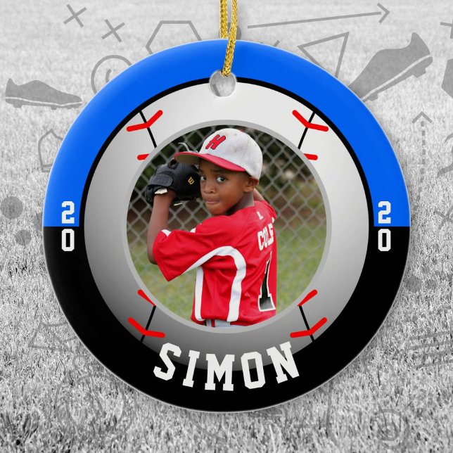 Ornamento De Cerâmica Cores da Equipe Negra Azul de Baseball (Blue and Black Baseball Let's Go Team Ornament. Celebrate your high school or college athlete.)