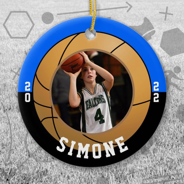 Ornamento De Cerâmica Cores da Equipe Negra Azul de Basquete (Blue and Black Baseball Let's Go Team Ornament. Celebrate your high school or college athlete.)