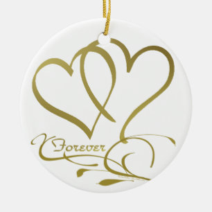 Ornamento De Cerâmica Cores de fundo editáveis Forever Hearts Gold