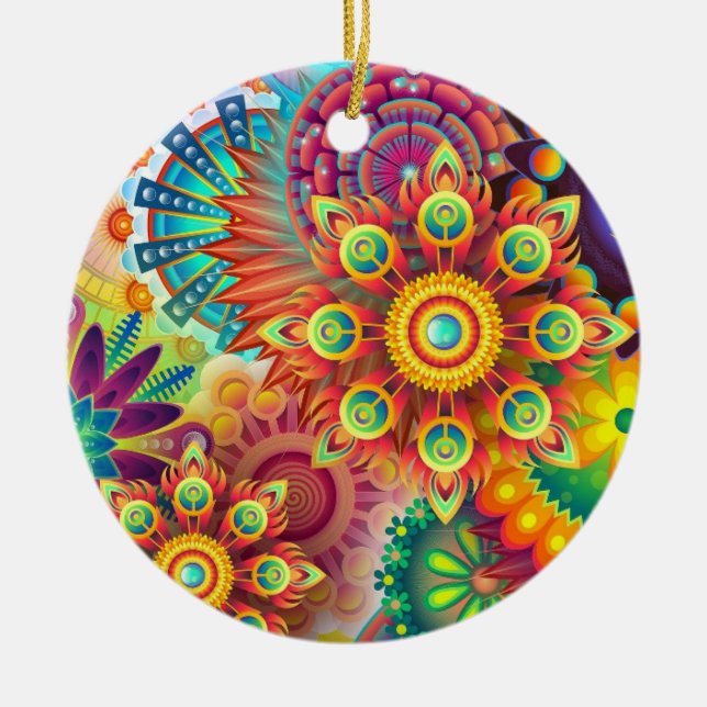 Ornamento De Cerâmica cores mandala arco-íris (Frente)