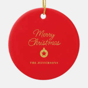 Ornamento De Cerâmica Cores Vermelho Brilhante e Dourado Feliz Natal