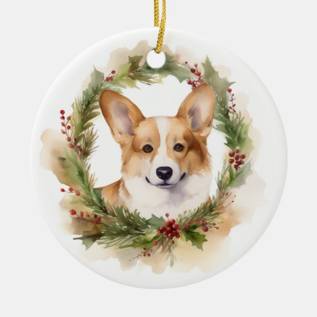 Ornamento De Cerâmica Corgi Christmas Wreath Festivo Pup (Frente)