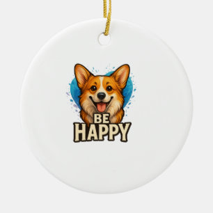 Ornamento De Cerâmica Corgi Feliz com Coração Colorido - Design para ama