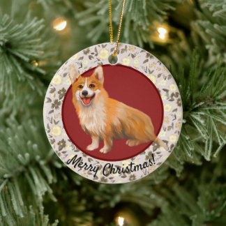 Ornamento De Cerâmica Corgi floral de Natal