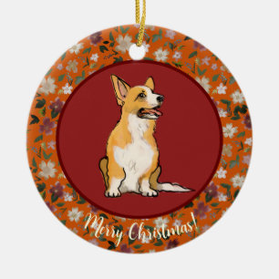 Ornamento De Cerâmica corgi floral de Natal