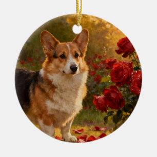 Ornamento De Cerâmica Corgi nas Rosas V