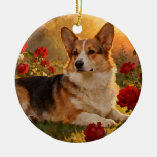 Ornamento De Cerâmica Corgi nas Rosas VI