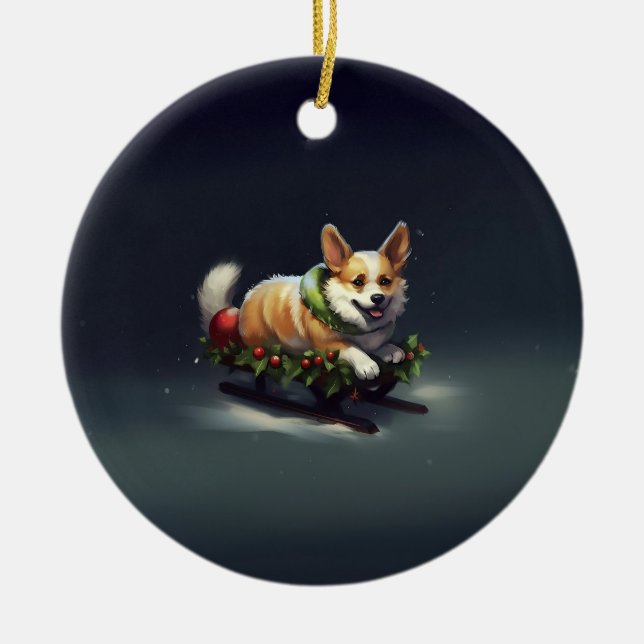 Ornamento De Cerâmica Corgi Natal Inverno de Neve (Frente)