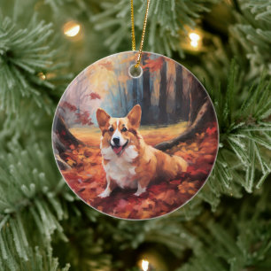 Ornamento De Cerâmica Corgi no Outono Folhas Caídas Inspiram