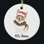 Ornamento De Cerâmica Corgi Personalizado (Vermelho e Branco)<br><div class="desc">Faça a lista legal este ano com um ornamento do seu elfo favorito!</div>