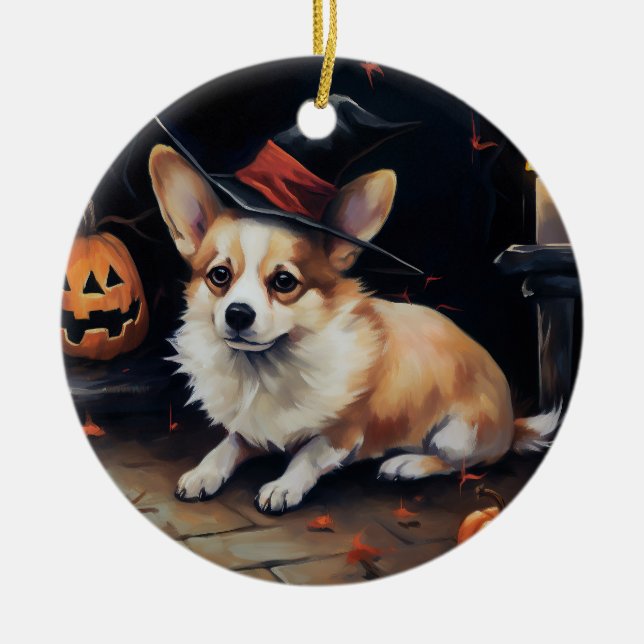 Ornamento De Cerâmica Corgi Pumpkins Halloween Scary (Frente)