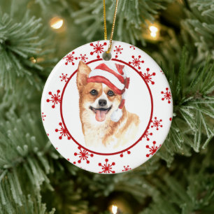 Ornamento De Cerâmica Corgi Santa Hat Red Snowflake Natal