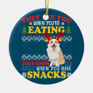Ornamento De Cerâmica Corgi Ugly Christmas Eles veem que você está comen